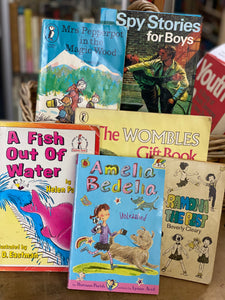 Childhood books: Amelia Bedelia, Ramona the Pest, The Wombles, Mrs Pepperpot, 'Spy Stories for Boys', & 'A Fish Out of Water.'