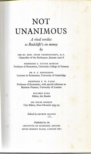 Not Unanimous: a Rival Verdict To Radcliffe's on Money by Peter Thorneycroft